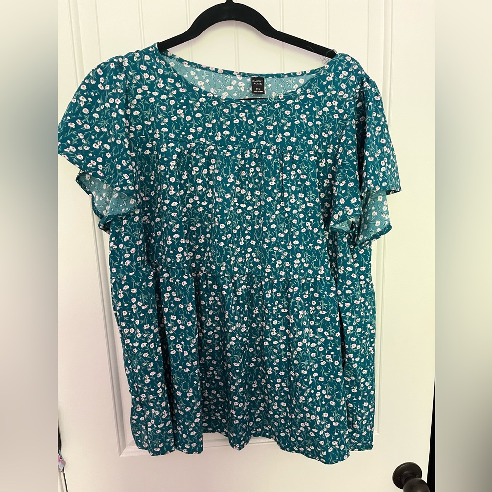 Emery Rose Teal Floral Print Blouse